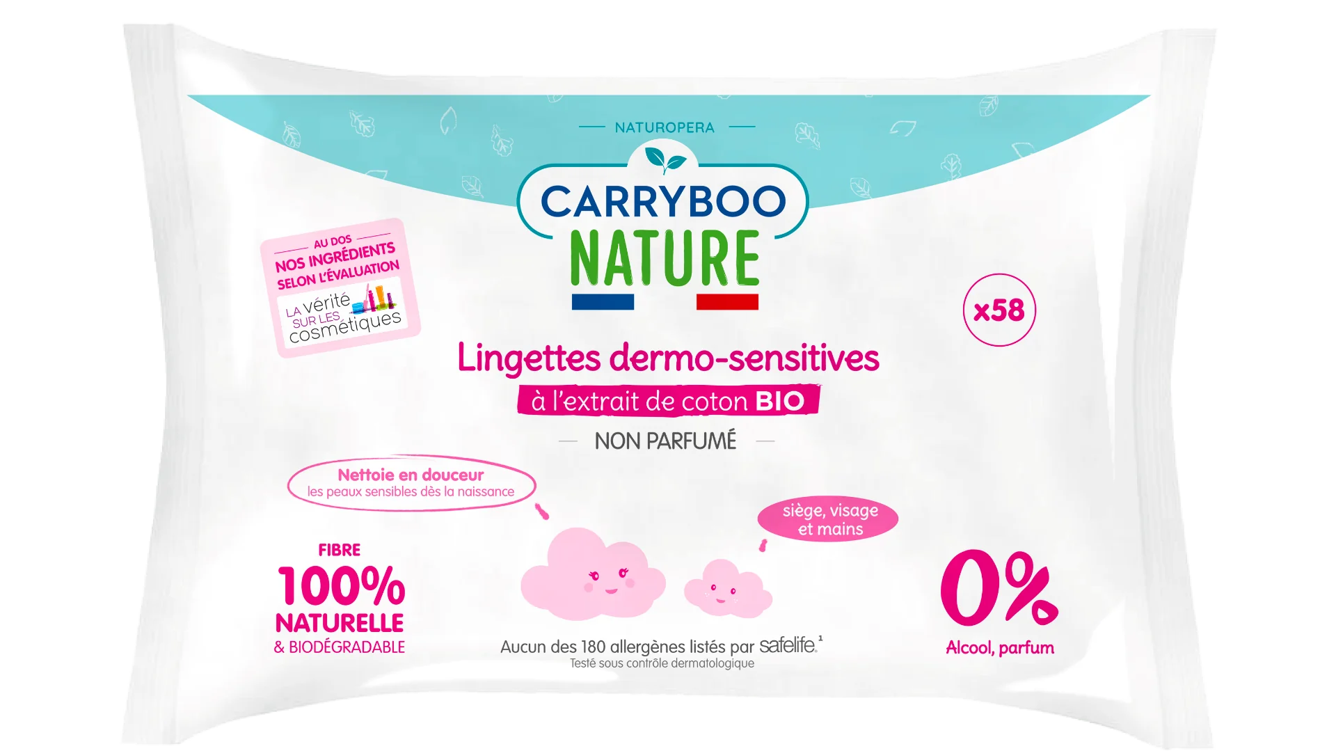 Servetele umede hipoalergenice fara parfum si cu extract de bumbac, 58 bucati, Carryboo