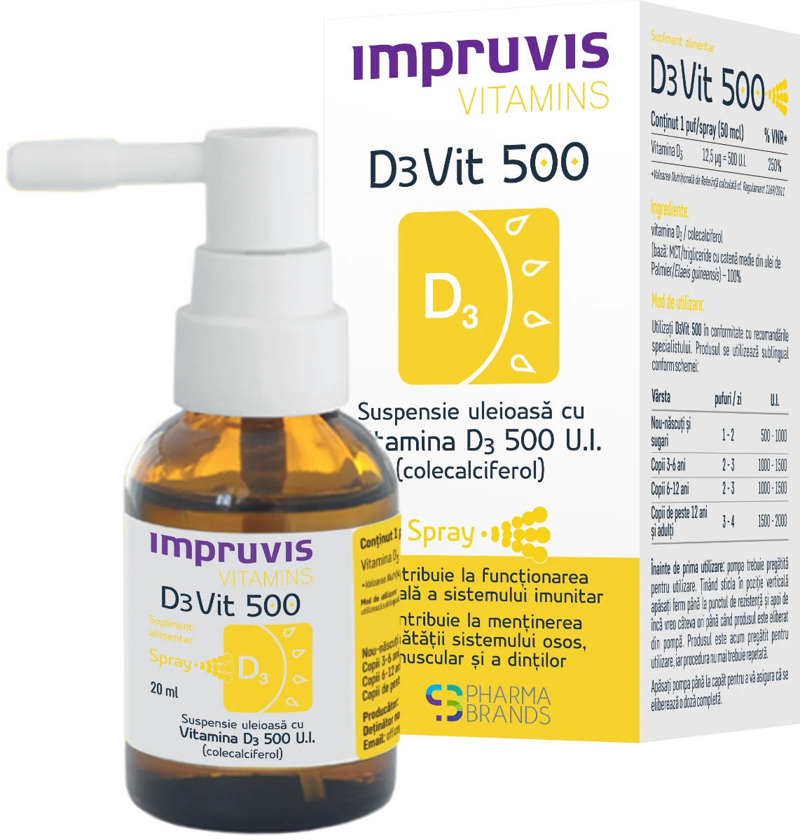 Suspensie uleioasa cu Vitamina D3 D3Vit 500, 20ml, Pharma Brands