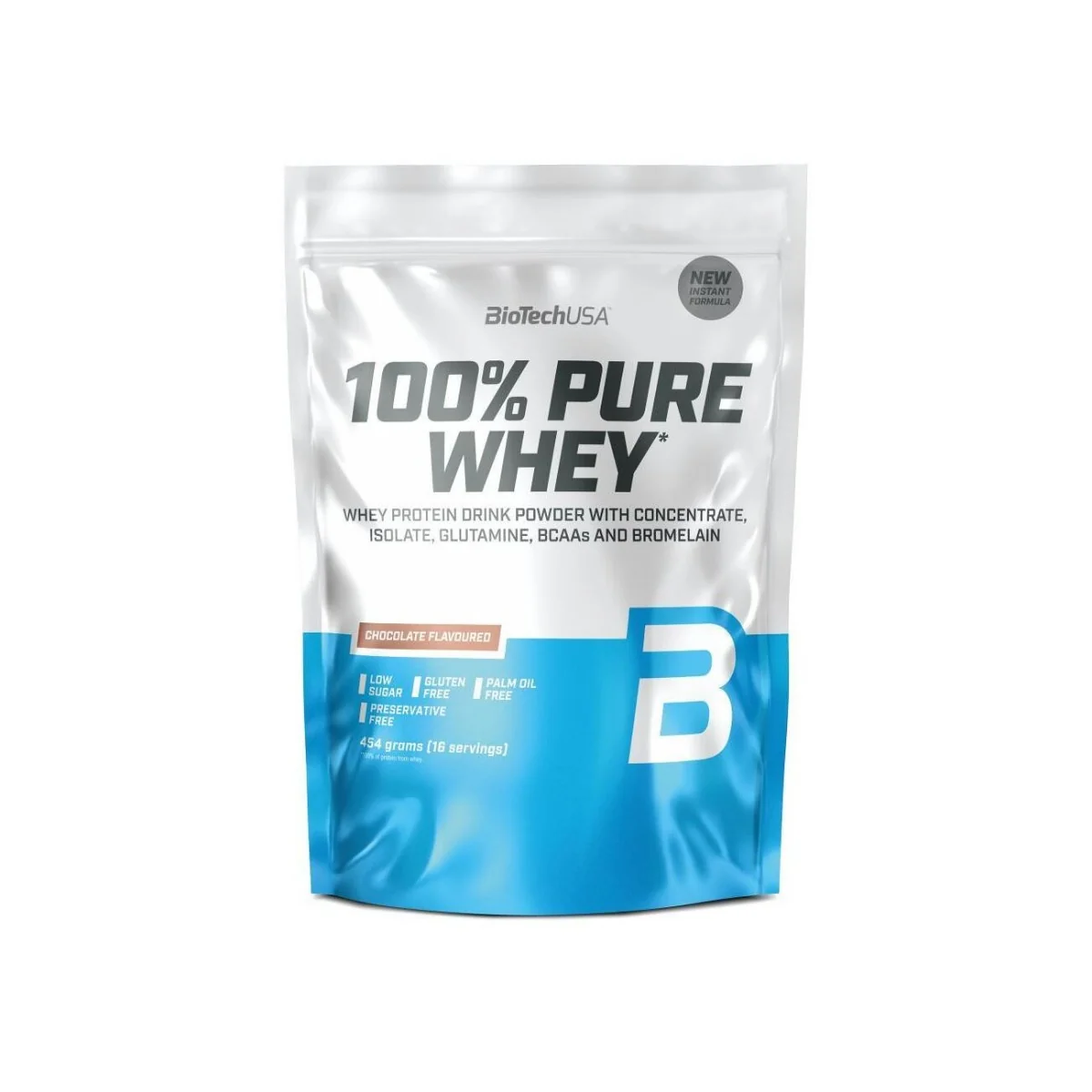 Pudra proteica 100% Pure Whey cu aroma de ciocolata, 454g, BioTechUSA