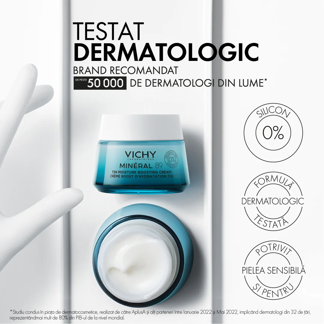 Crema intens hidratanta 72h cu acid hialuronic si niacinamida pentru ten uscat Mineral 89, 50ml, Vichy