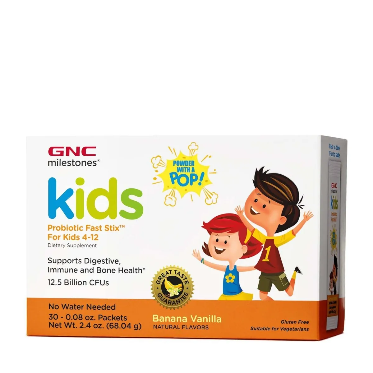 Probiotice pentru copii de la +4 ani cu aroma de vanilie si banane Milestones® Kids Microbio Complex Fast Stix, 30 plicuri, GNC