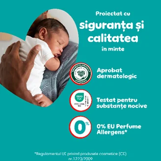 Scutece Pampers proiectate pentru siguranta si calitate, aprobate dermatologic si testate pentru substante nocive, fara alergeni de parfum. Scutece Pampers proiectate pentru siguranta si calitate, aprobate dermatologic si testate pentru substante nocive, fara alergeni de parfum.