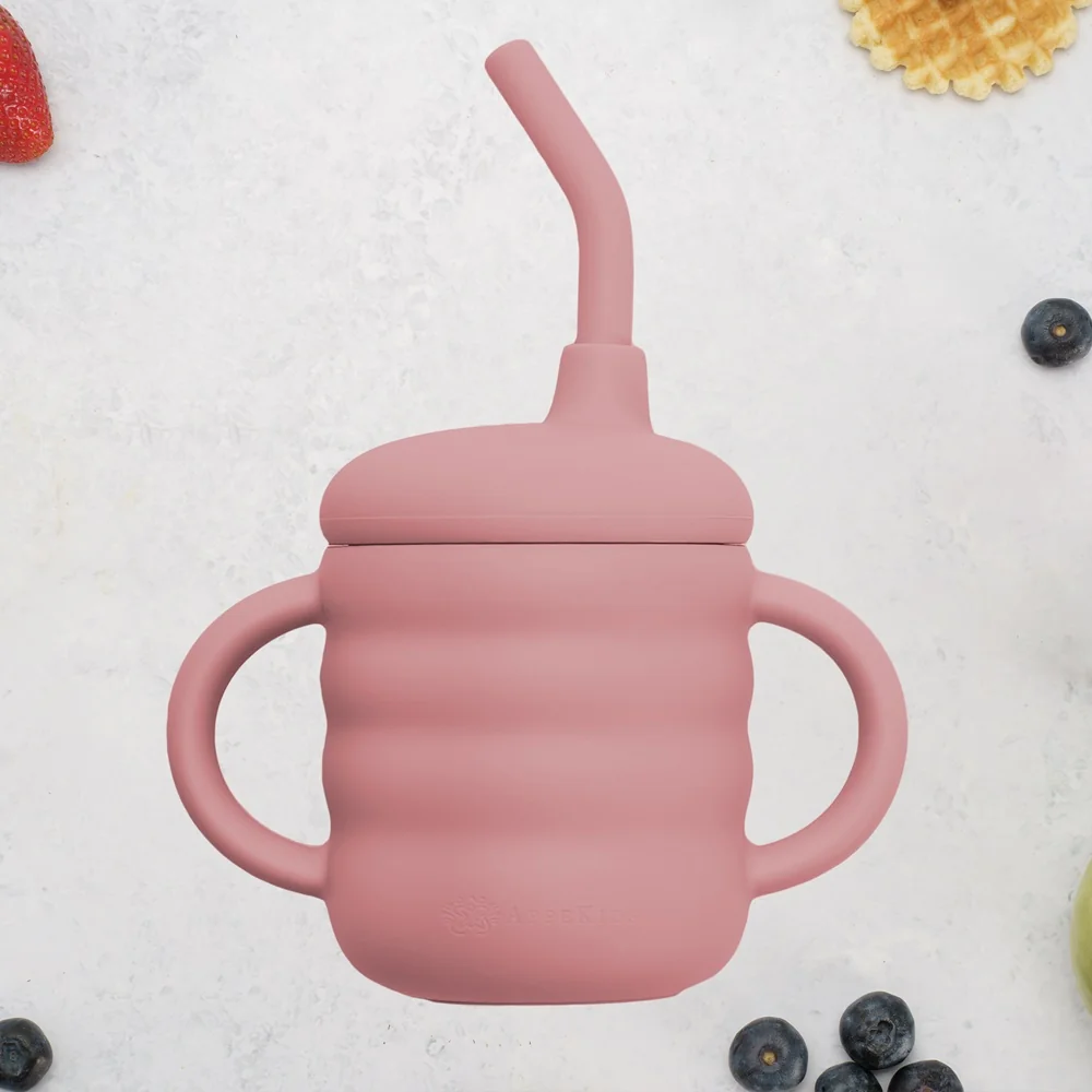 Cana din silicon cu pai Old Rose 6 luni+, 1 bucata, Appekids