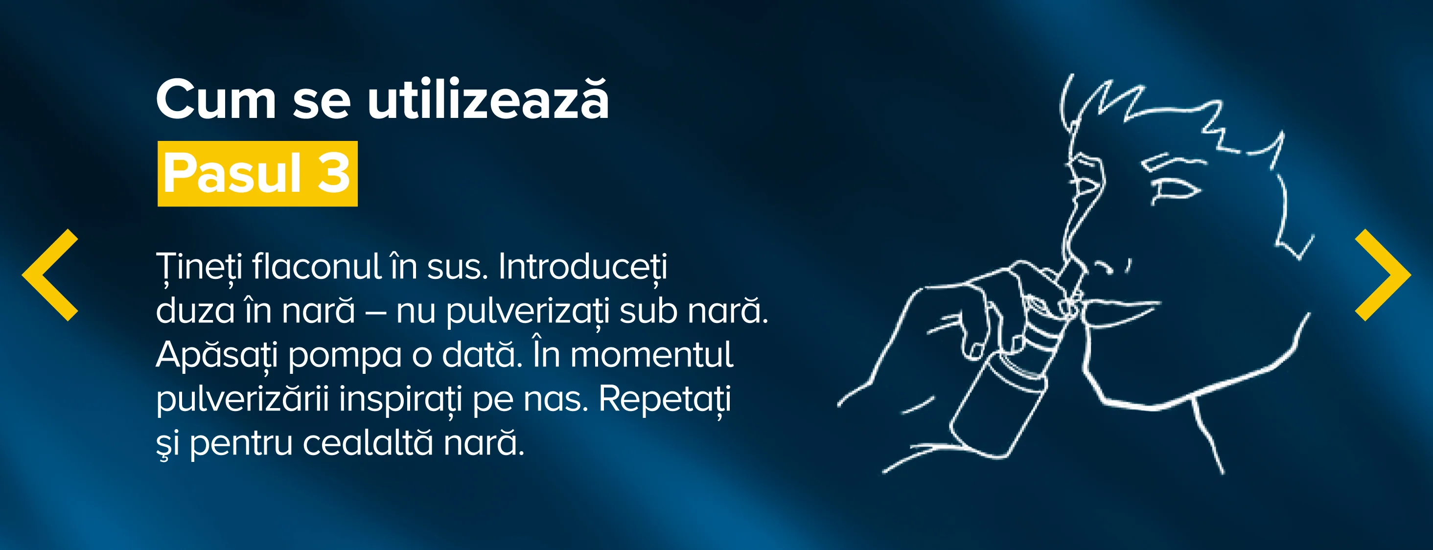 Pasul 3 - Tinteti flaconul in sus. Introduceti duza in nara. In momentul pulverizarii inspirati pe nas Pasul 3 - Tinteti flaconul in sus. Introduceti duza in nara. In momentul pulverizarii inspirati pe nas