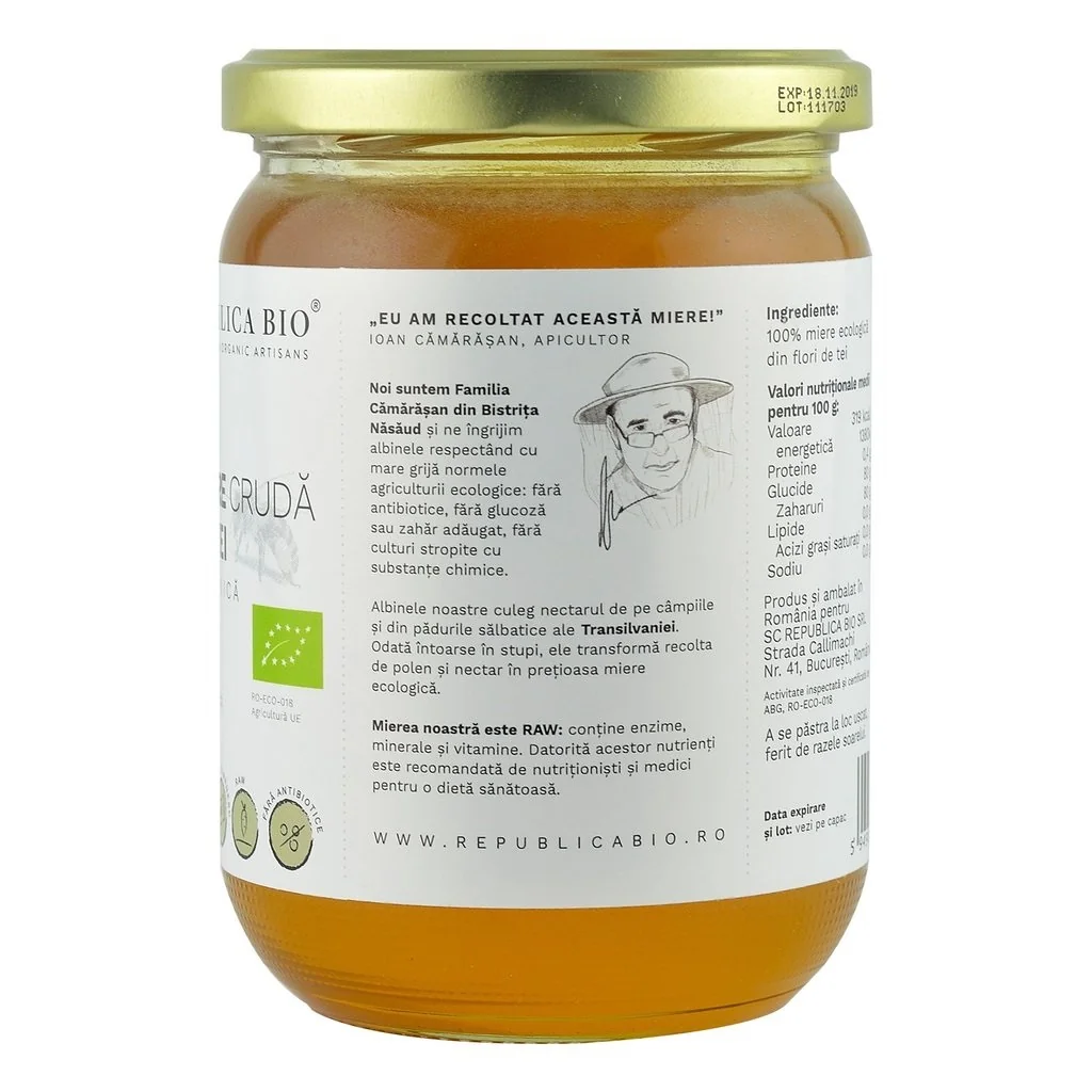 Miere de tei ecologica cruda, 700g, Republica Bio