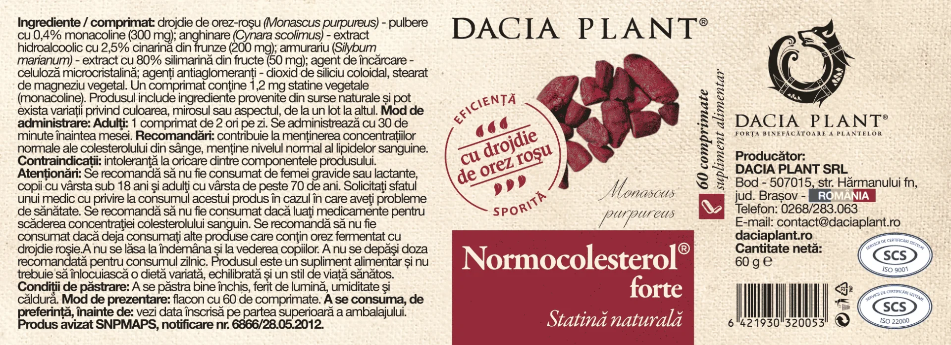 Normocolesterol forte, 60 comprimate, Dacia Plant