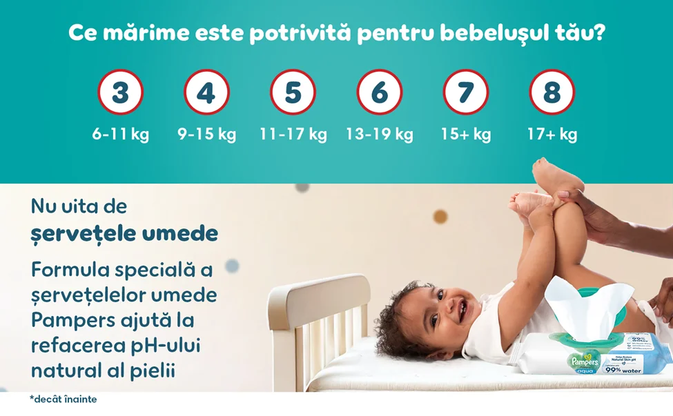 Ghid Pampers pentru alegerea marimii scutecelor si recomandare de servetele umede pentru ingrijirea pielii bebelusului.