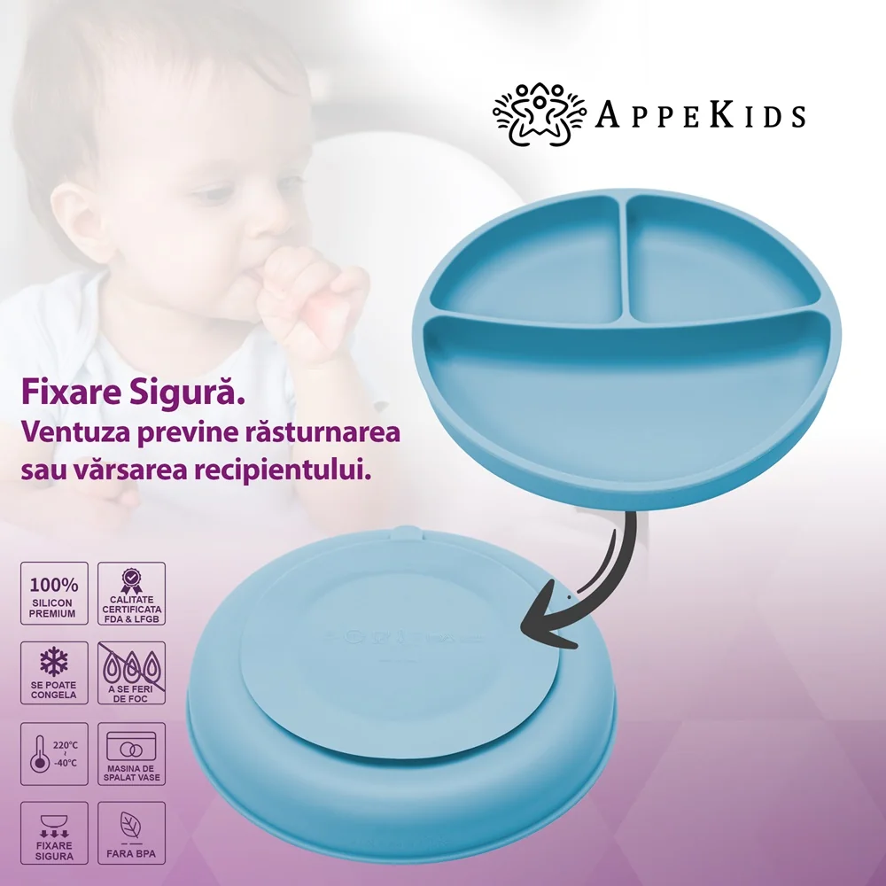 Farfurie compartimentata din silicon cu ventuza Aqua Blue 6 luni+, 1 bucata, Appekids