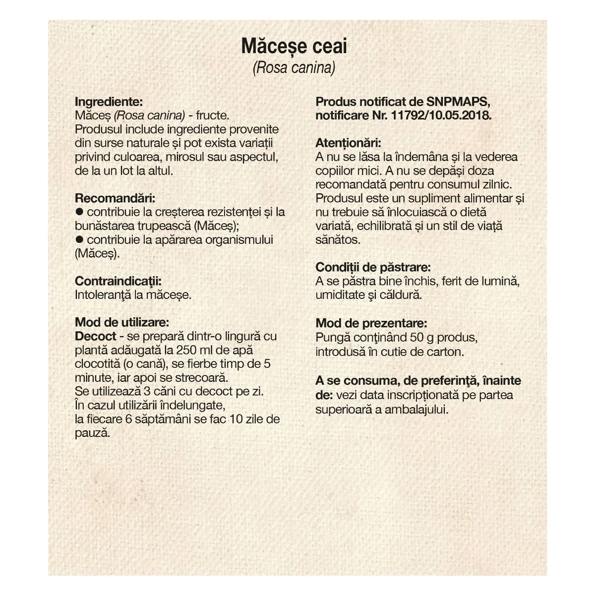 Ceai de macese, 50g, Dacia Plant 