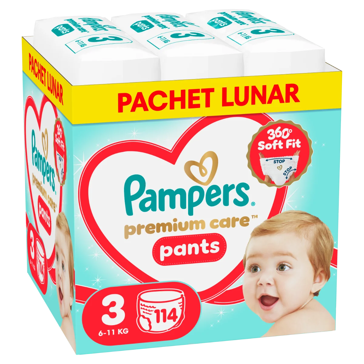 Scutece-chilotel Premium Care Pants XXL Box Marimea 3 pentru 6-11 kg, 114 bucati, Pampers