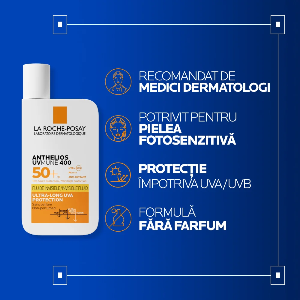 Fluid invizibil cu protectie solara SPF 50+ textura ultra-fluida pentru ten sensibil fara parfum Anthelios UV-Mune 400, 50ml, La Roche-Posay