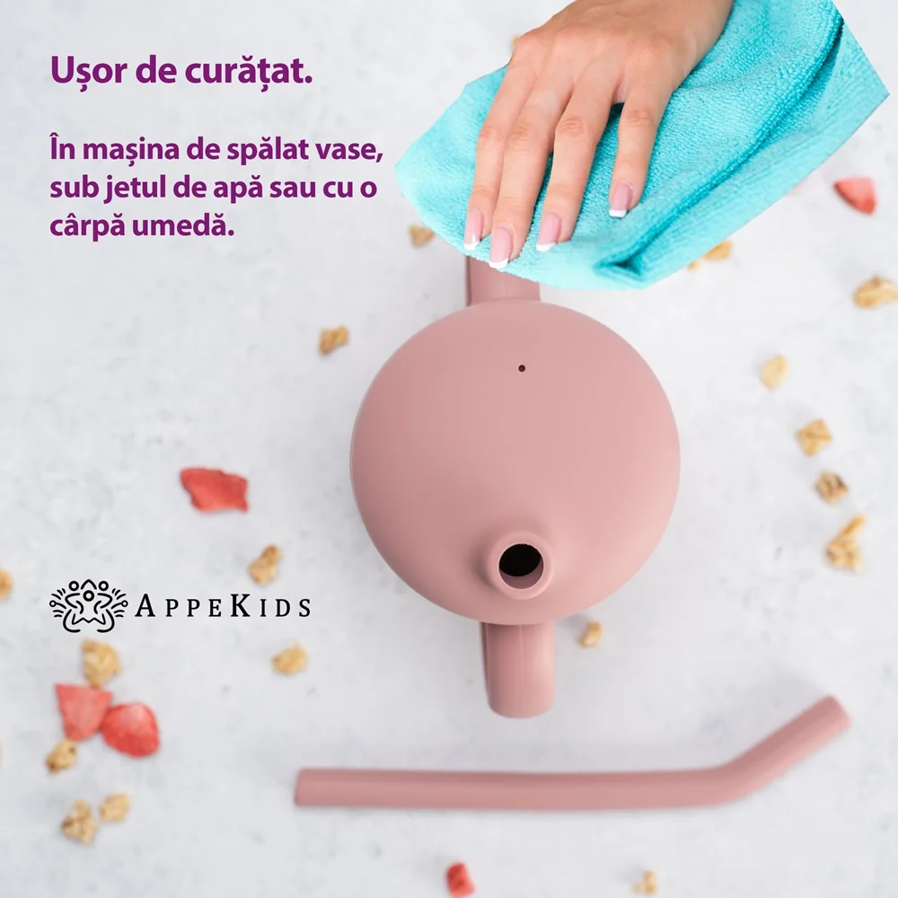 Cana din silicon cu pai Old Rose 6 luni+, 1 bucata, Appekids