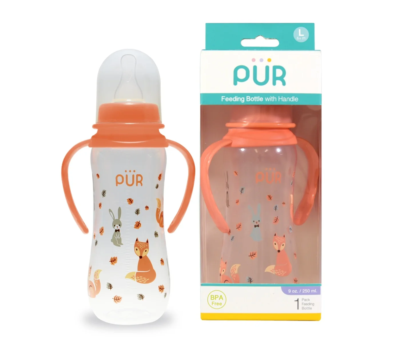 Biberon cu desen si manere piersica +6 luni, 250ml, PUR
