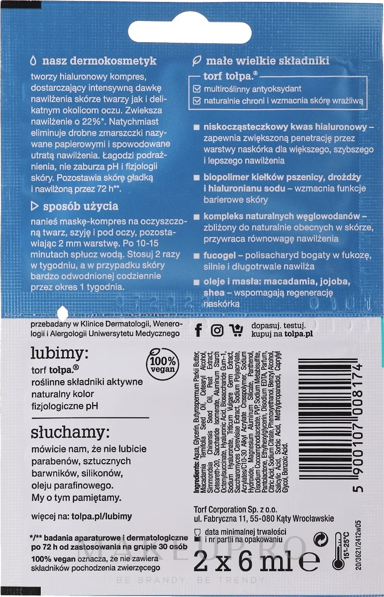 Masca-compresa cu acid hialuronic pentru fata Hydrativ, 2 × 6ml, Tolpa