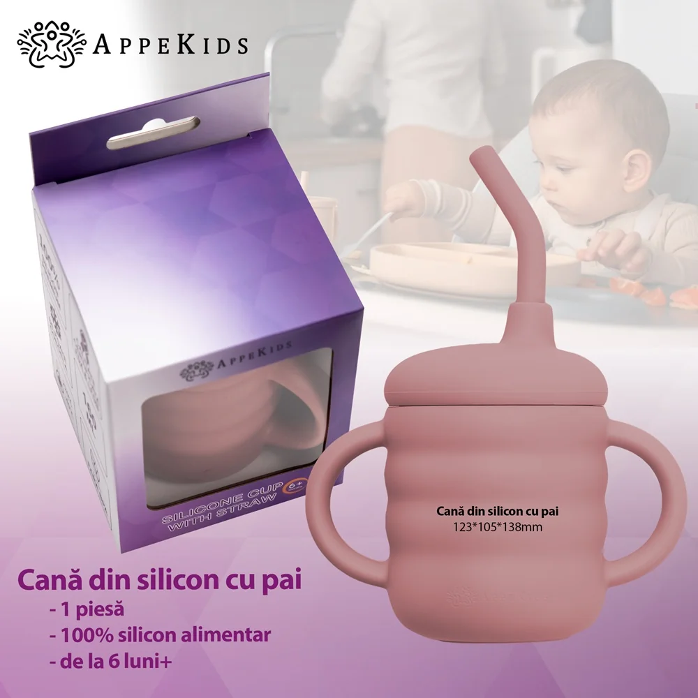 Cana din silicon cu pai Old Rose 6 luni+, 1 bucata, Appekids