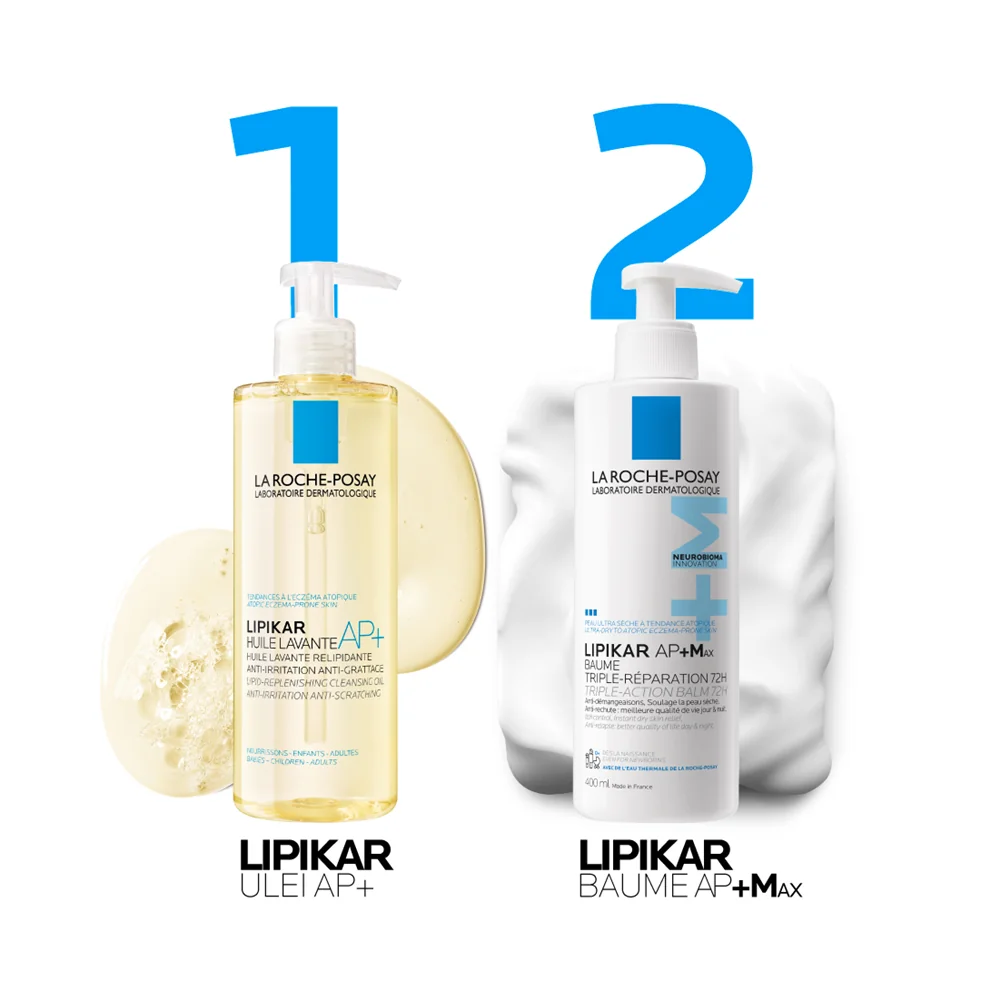 Gama La Roche-Posay Lipikar, Ulei AP+ si Baume AP+M, pentru curatare si hidratare intensa a pielii uscate. Gama La Roche-Posay Lipikar, Ulei AP+ si Baume AP+M, pentru curatare si hidratare intensa a pielii uscate.