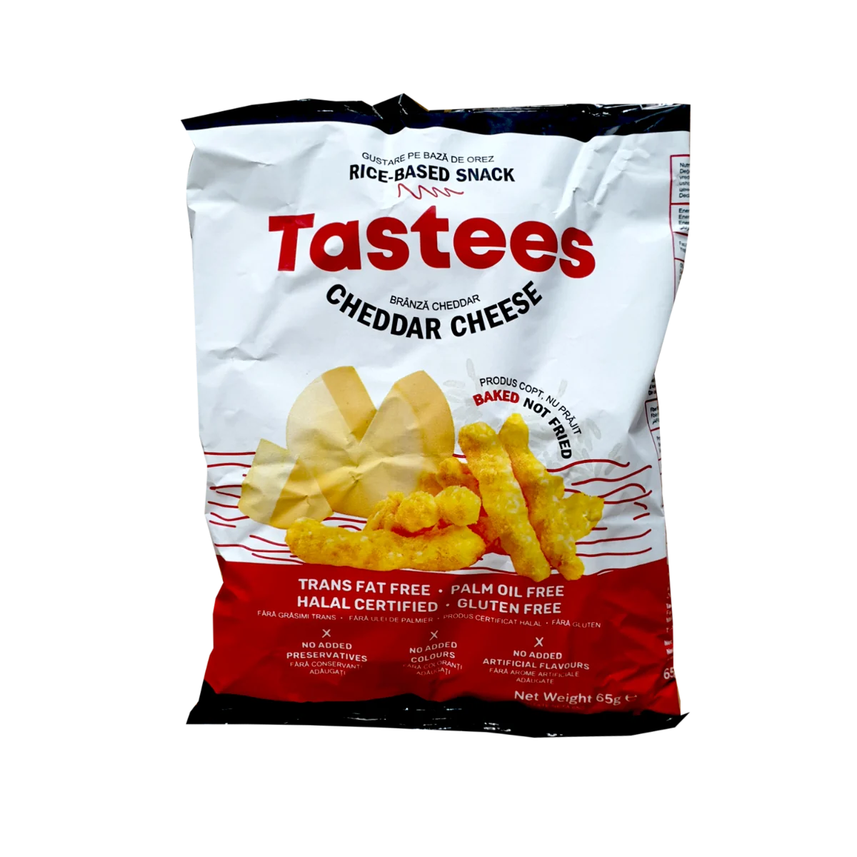 Snack din orez cu aroma de branza cheddar, 65g, Tastees