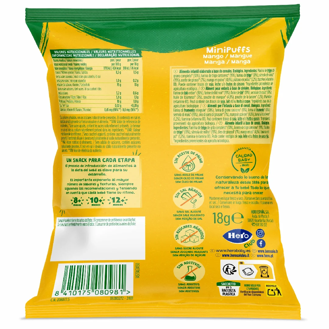 Snack eco din cereale cu mango Solo Minipuffs +8 luni, 18g, Hero Baby