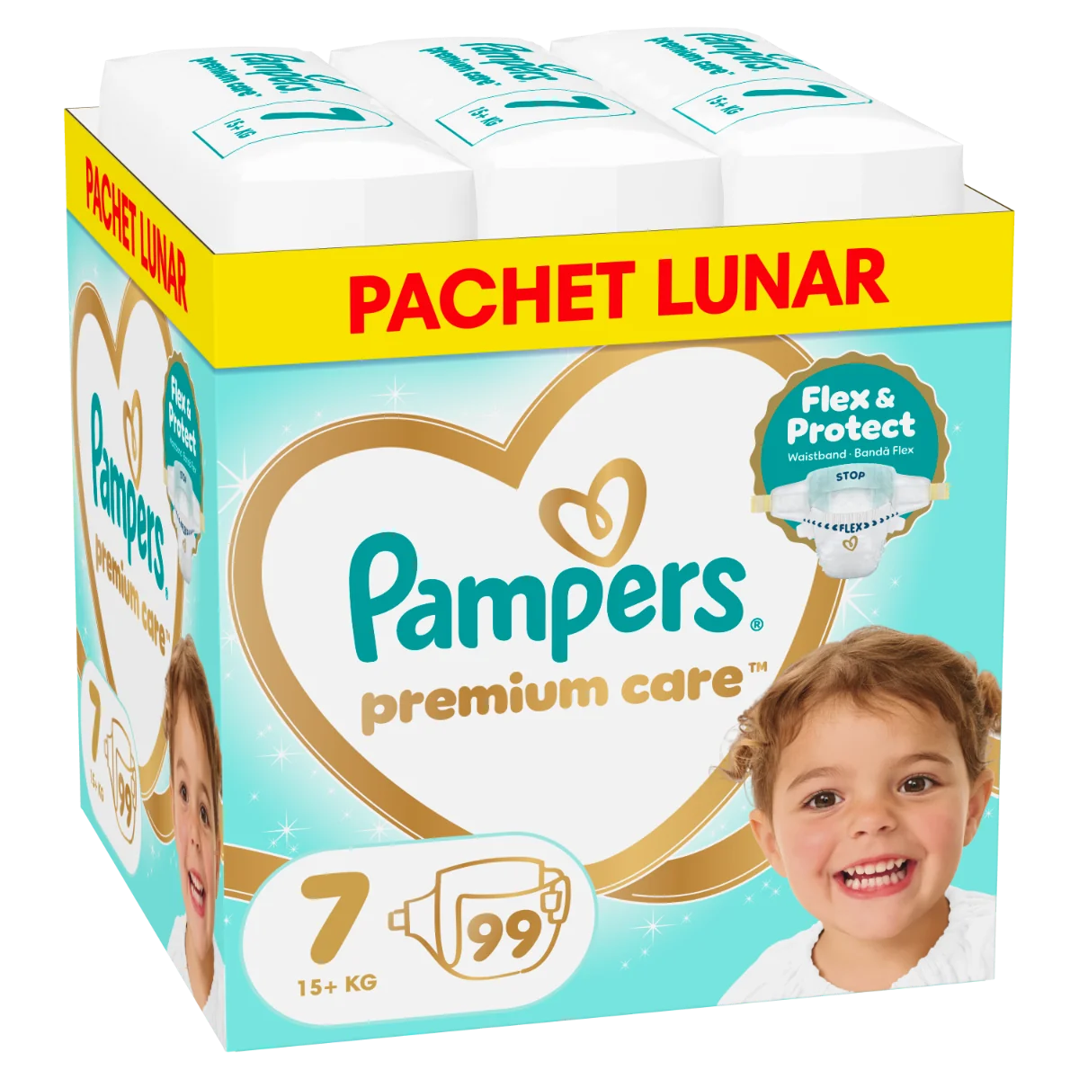Scutece Premium Care Marimea 7 pentru 15+ kg, 99 bucati, Pampers