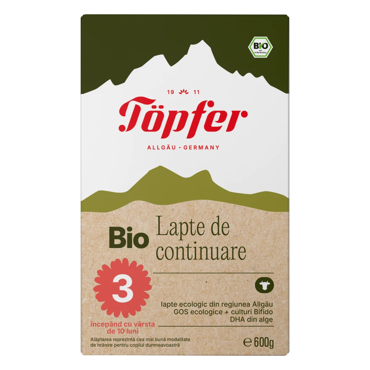 Lapte praf Bio 3 de la 10 luni, 600g, Topfer