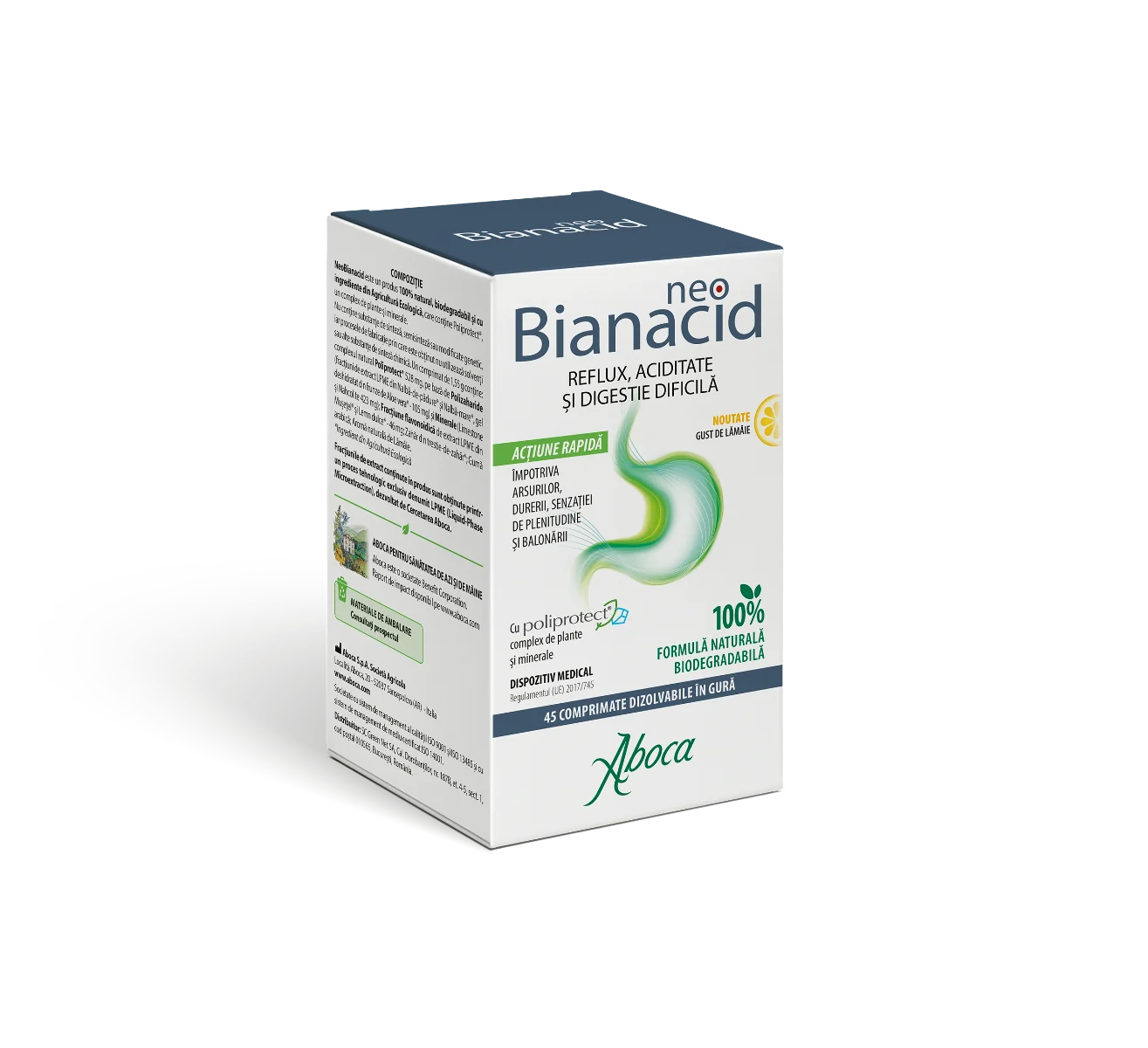 NeoBianacid pentru aciditate si reflux cu gust de lamaie, 45 comprimate, Aboca