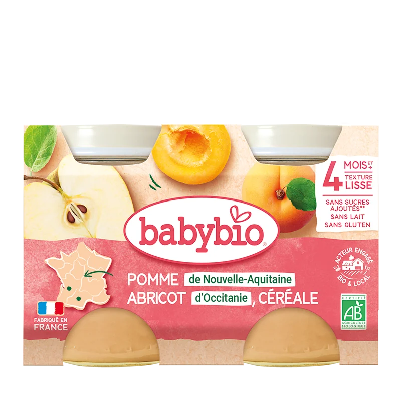 Piure din mere, caise si cereale Bio +4 luni, 2 x 130g, BabyBio
