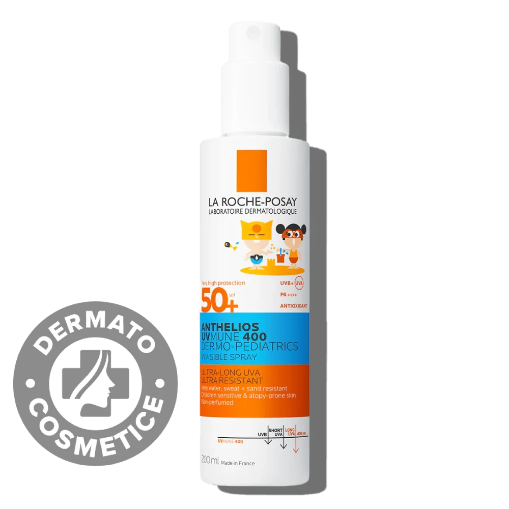 Spray invizibil cu protectie solara potrivit pentru pielea sensibila sau cu tendinta atopica a copiilor SPF50+ Anthelios UVMUNE 400 Dermo-Pediatrics, 200ml, La Roche-Posay 