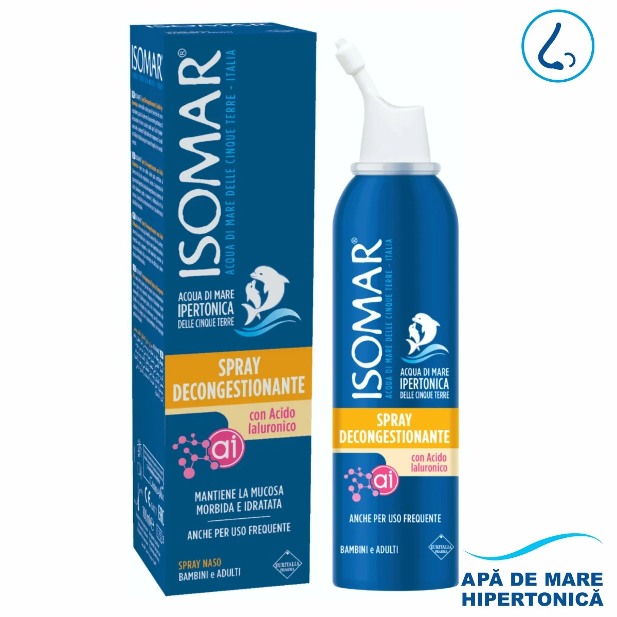 Spray nazal Isomar cu efect decongestionant cu apa de mare hipertonica si acid hialuronic 12+, 100ml, Euritalia