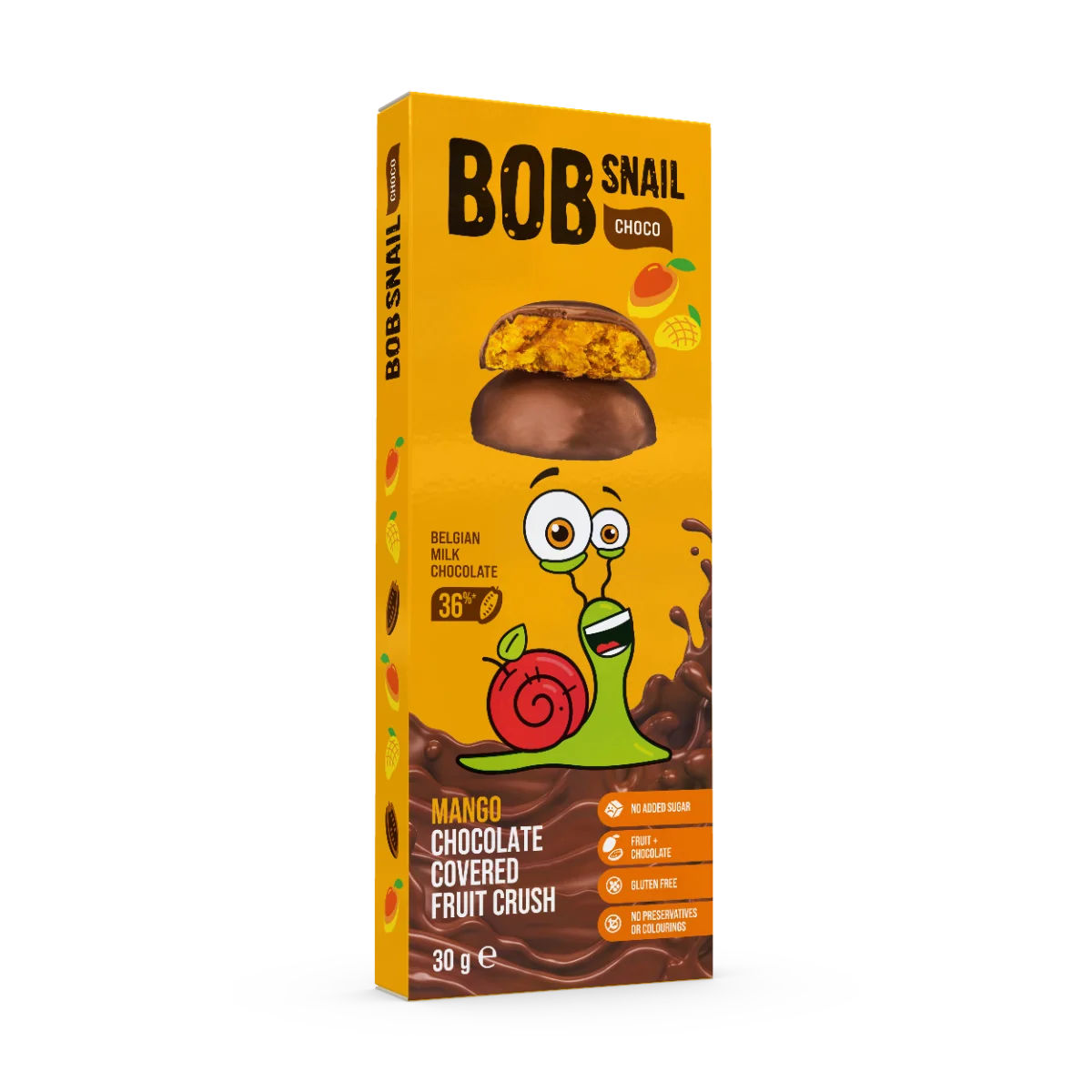 Snack fructat din mango invelit in ciocolata cu lapte, 30g, Bob Snail