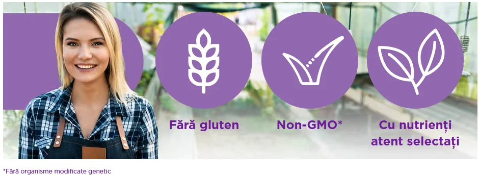 Fara gluten/ NON-GMO/ Cu nutrienti atent selectionati Fara gluten/ NON-GMO/ Cu nutrienti atent selectionati