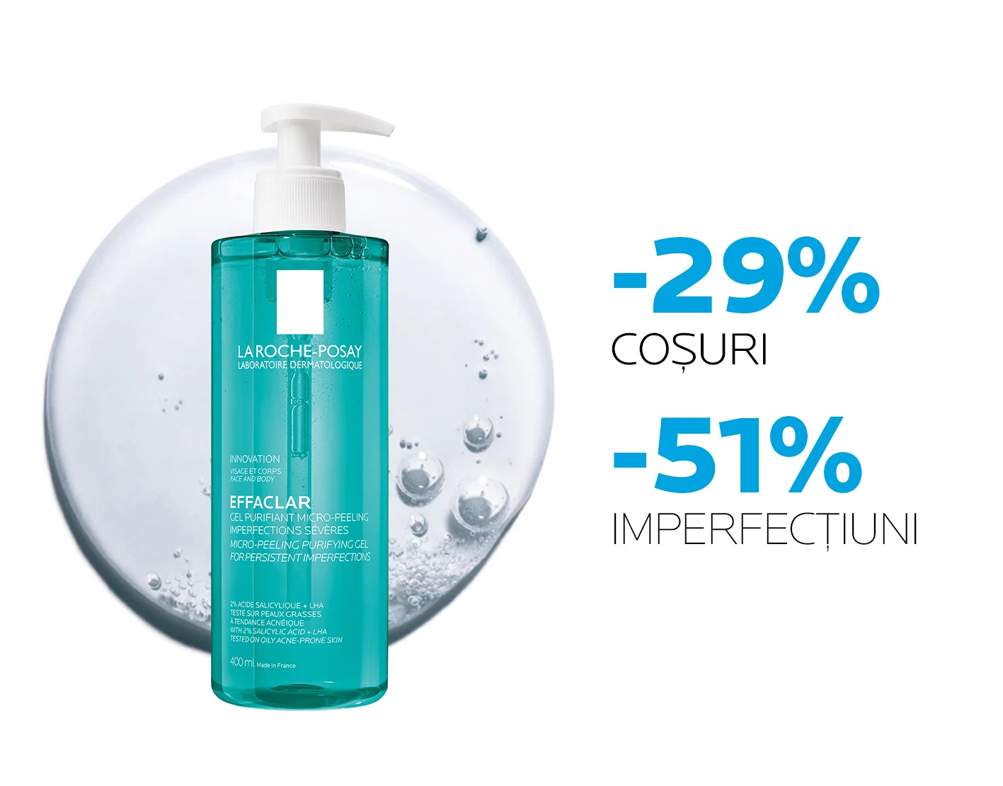 Gel de curatare micro-exfoliant fata si corp ten gras cu tendinta acneica Effaclar, 400ml, La Roche-Posay