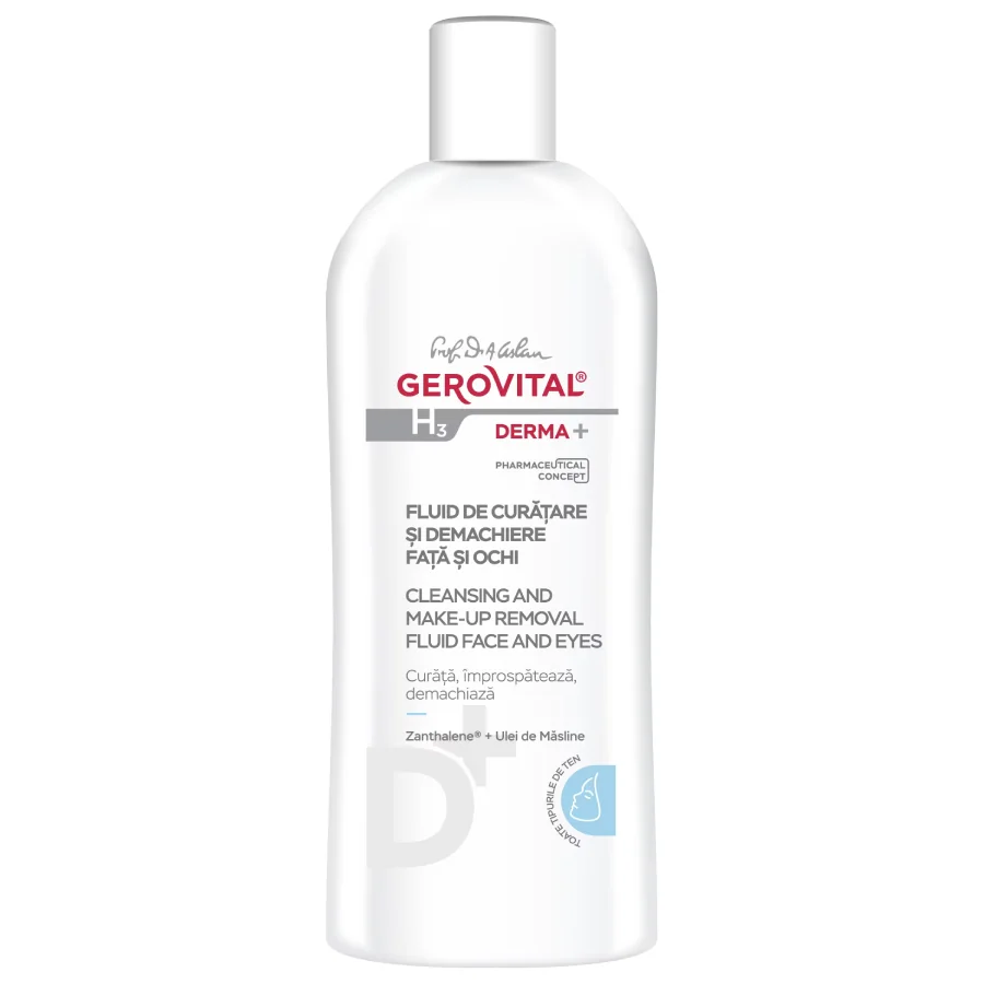 Fluid de curatare si demachiere fata si ochi H3 Derma+, 200ml, Gerovital