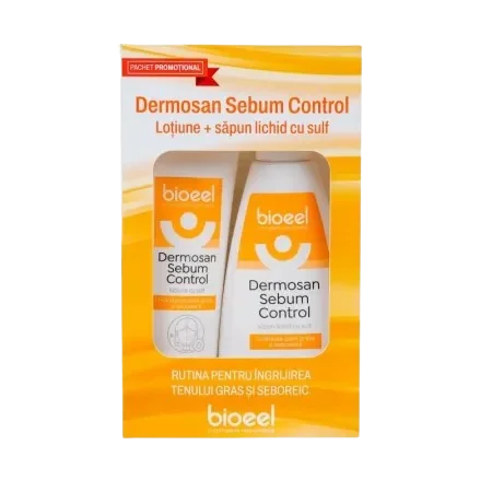 Pachet Lotiune cu sulf 100ml+ Sapun lichid cu sulf 200ml Dermosan Sebum Control, Bioeel