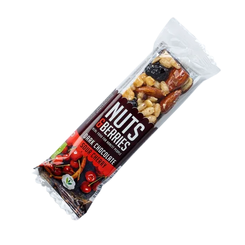 Baton crocant ECO cu nuci, ciocolata neagra si cirese amare, 40g, Nuts & Berries