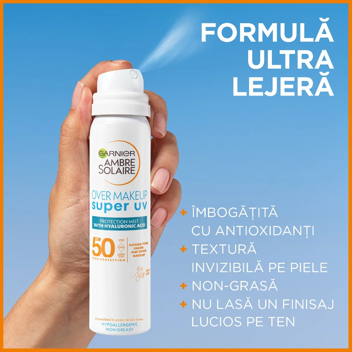 Spray pentru fata Ambre Solaire Over Makeup SPF50+, 75ml, Garnier