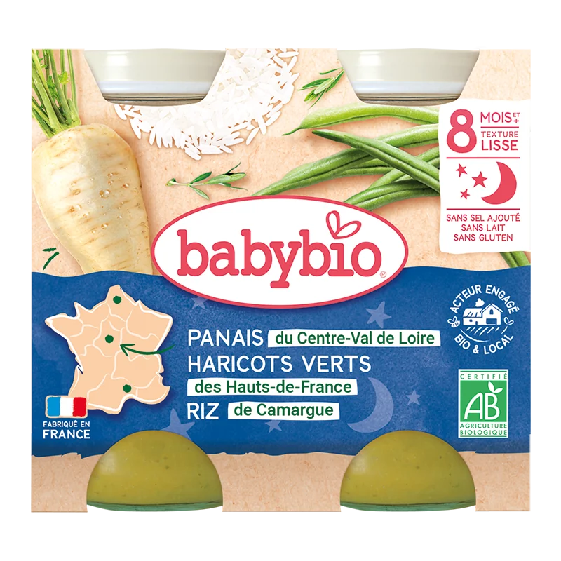Piure de pastranac, fasole verde si orez Bio, 2 x 200g, BabyBio