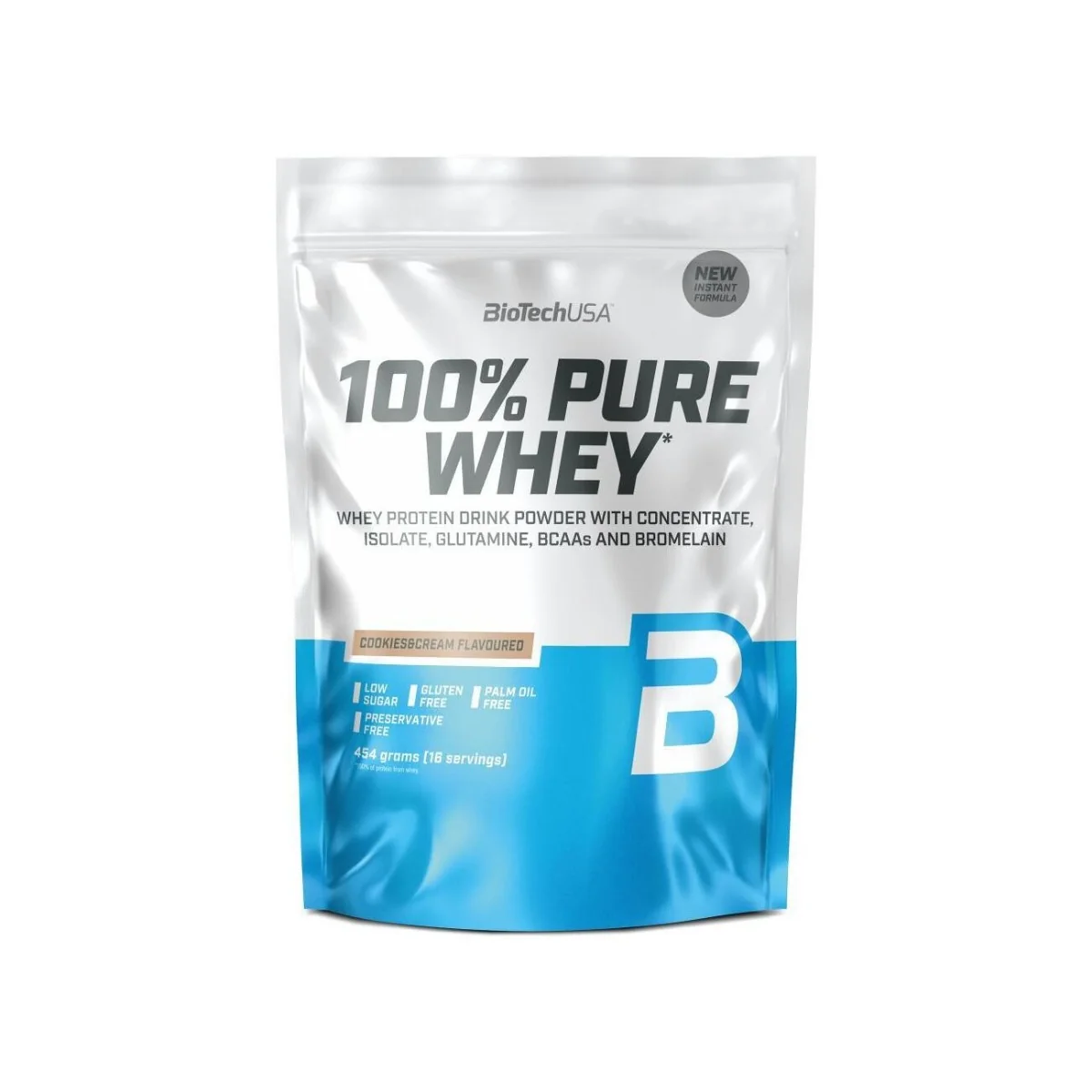 Pudra proteica 100% Pure Whey cu aroma Cookies & Cream, 454g, BioTechUSA