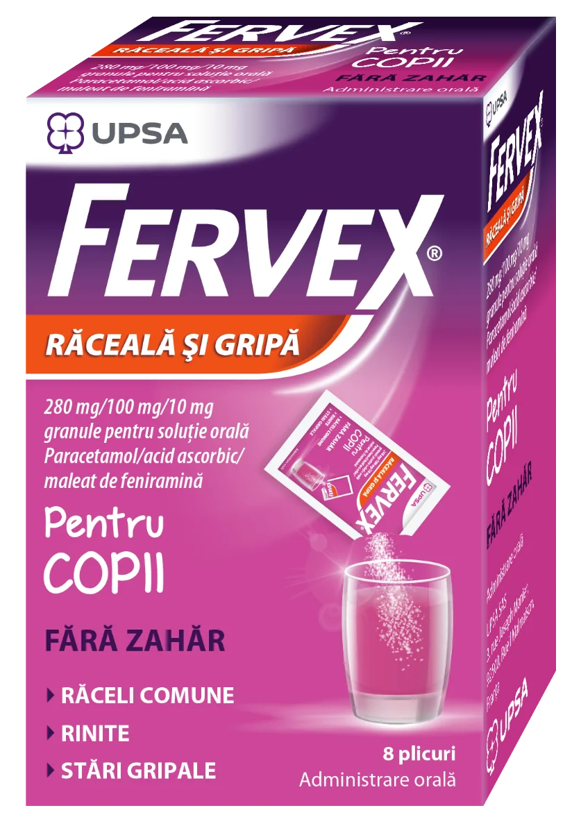 Fervex raceala si gripa pentru copii fara zahar 280mg/100mg/10mg, 8 ...
