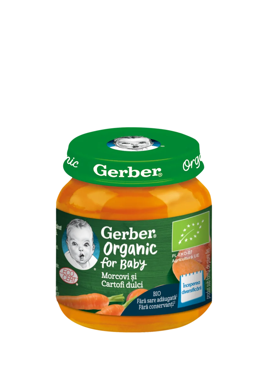 Piure Bio din morcovi si cartofi dulci de la 4 luni, 125g, Gerber