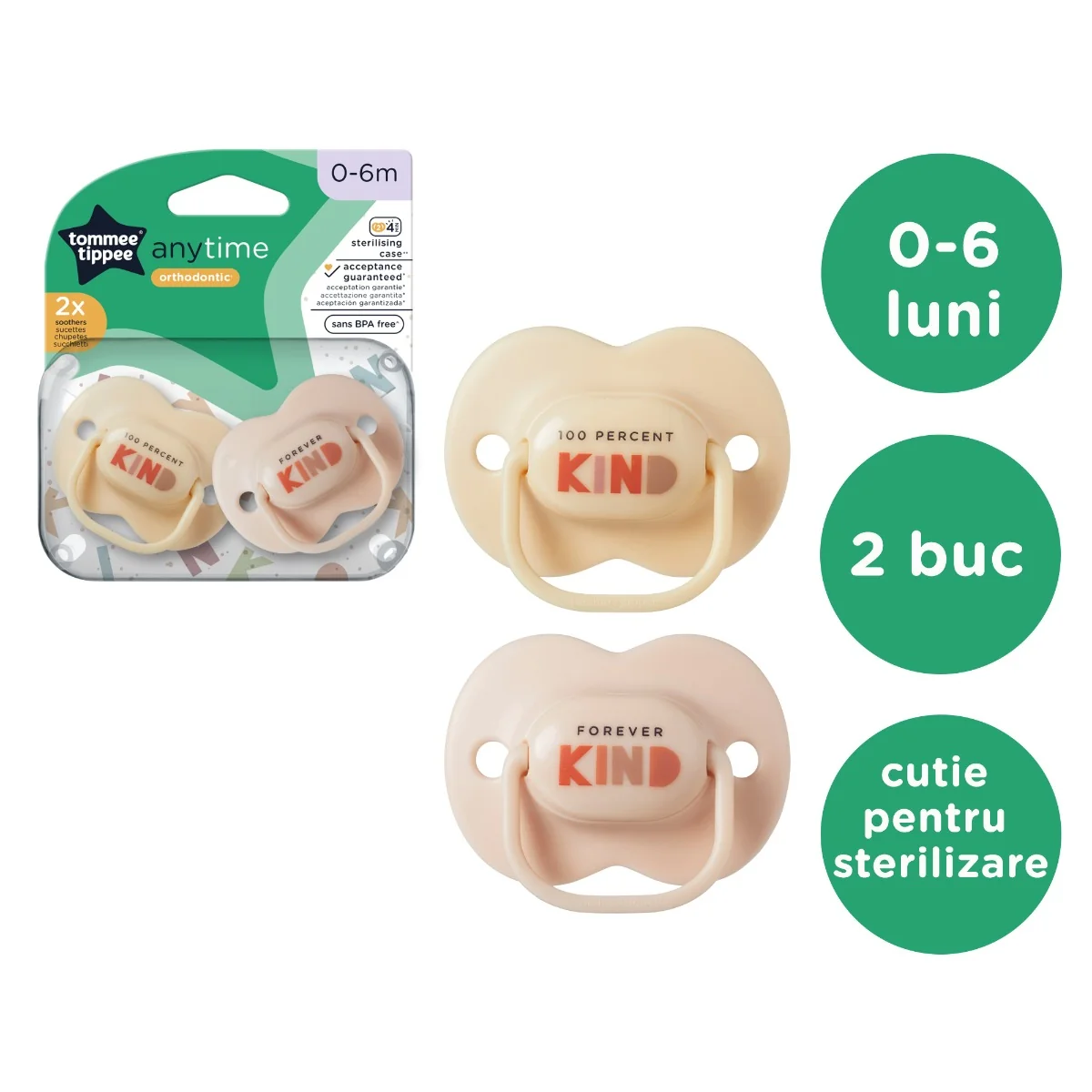 Suzeta ortodontica pentru 0-6 luni Anytime Bej, 2 bucati, Tommee Tippee