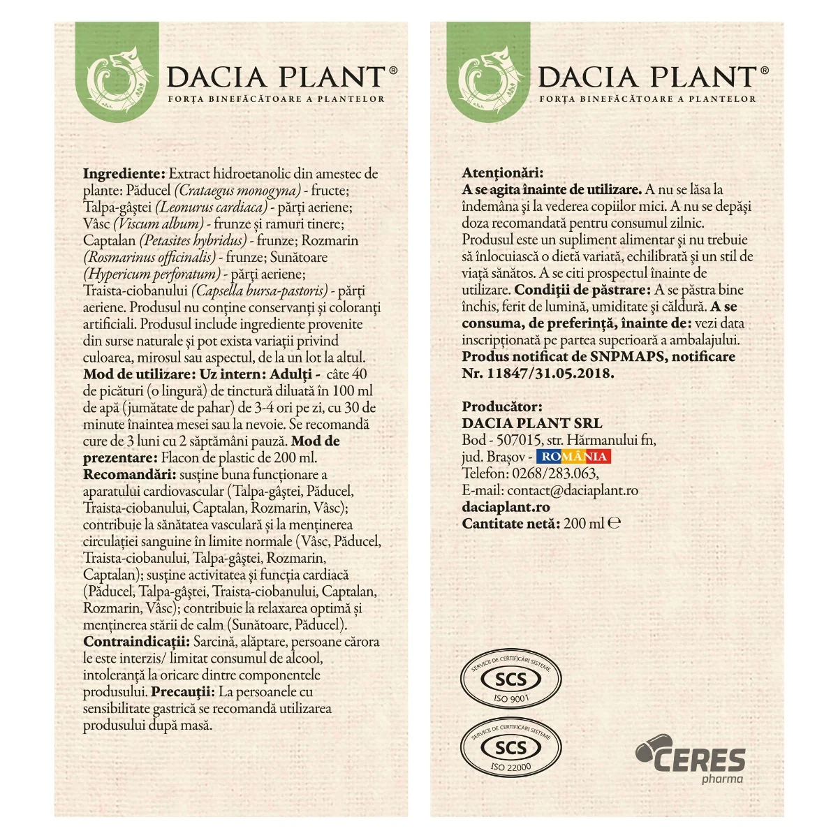 Tinctura pentru reglarea tensiunii HerboTensin, 200ml, Dacia Plant