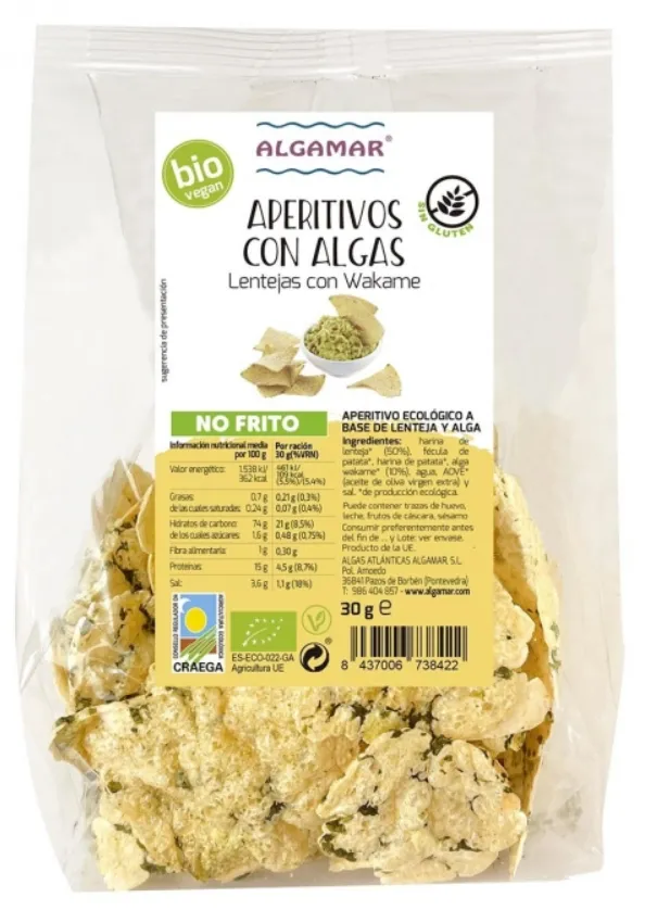 Chips de linte cu alge wakame Bio, 30g, Algamar