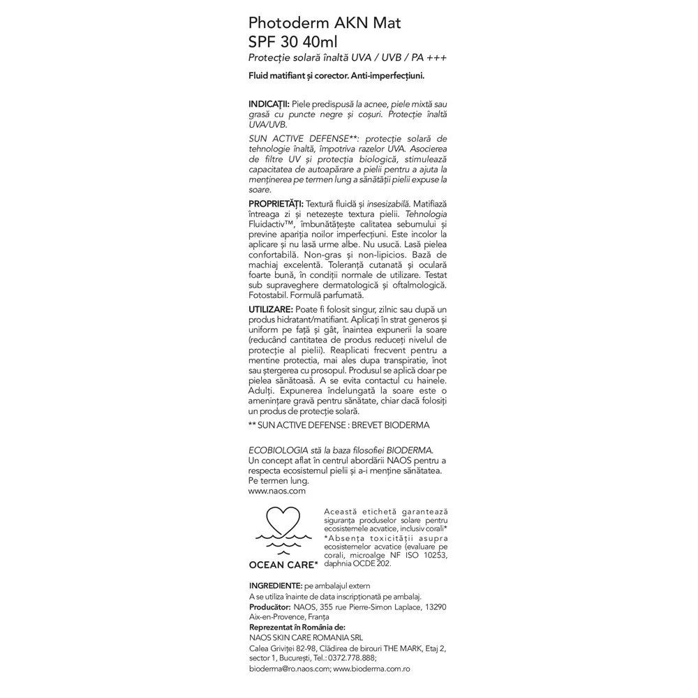 Fluid matifiant SPF 30 Photoderm AKN MAT, 40ml, Bioderma
