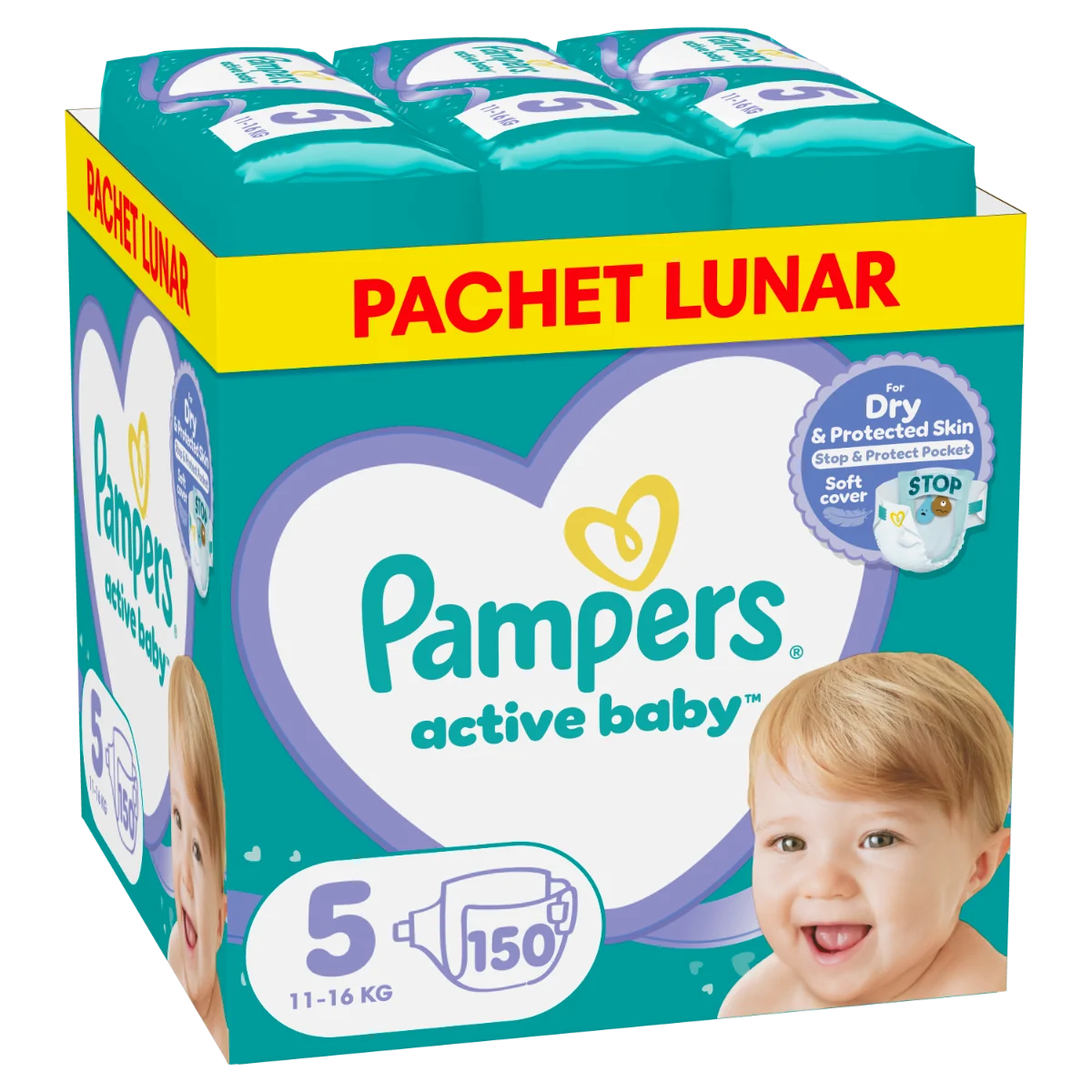 Scutece Active Baby Junior Marimea 5 pentru 11-16 kg, 150 bucati, Pampers