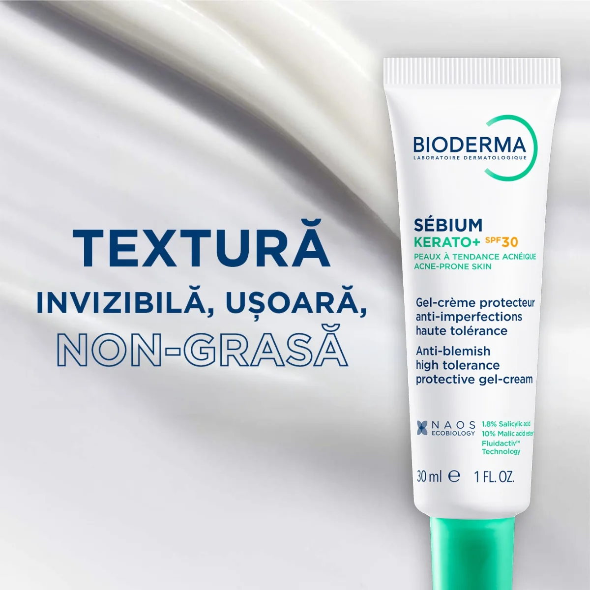 Gel-crema anti-imperfectiuni cu actiune keratolitica si protectie solara pentru ten predispus la acnee Sebium Kerato+ SPF 30, 30ml, Bioderma