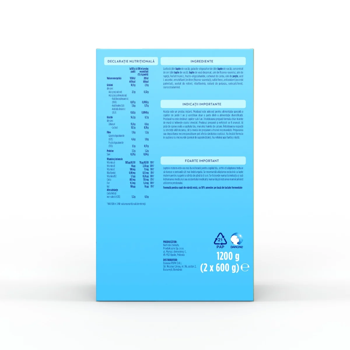 Formula de lapte pentru copii de varsta mica 1-2 ani NUTRI-BIOTIK 1+, 1200g, Aptamil