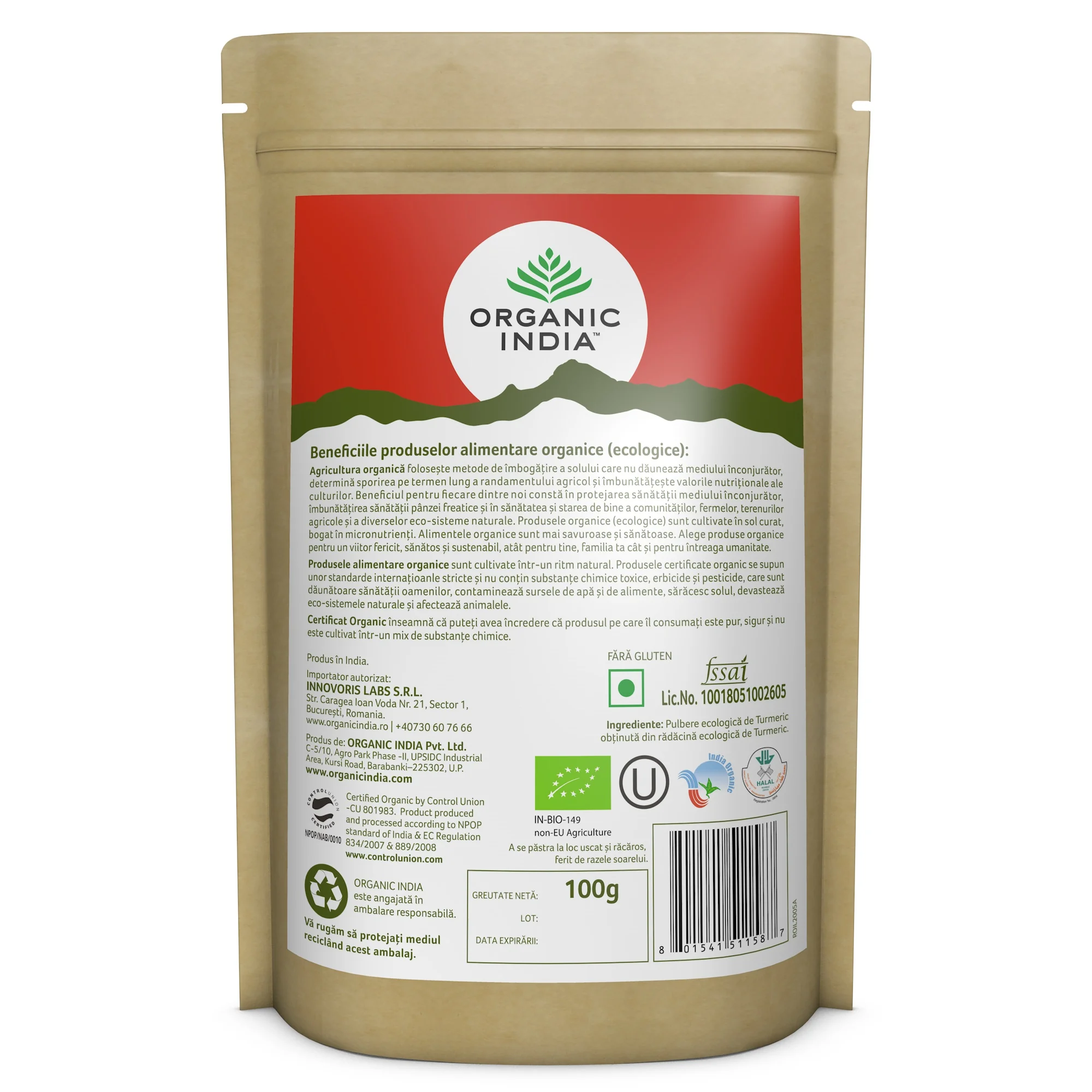 Turmeric pulbere fara gluten, 100g, Organic India 