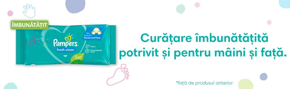Servetele umede Pampers Fresh Clean cu formula imbunatatita, potrivite pentru curatarea mainilor si fetei.
