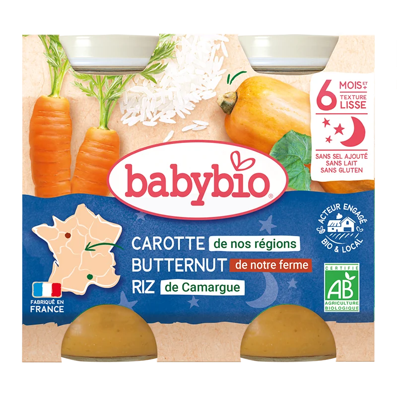 Piure de morcovi, dovleac si orez Bio, 2 x 200g, BabyBio