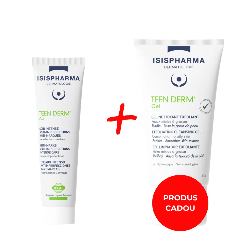 Pachet Crema pentru imperfectiuni Teen Derma AZ 30ml + Gel exfoliant Teen Derm 150ml Gratuit, Isis Pharma